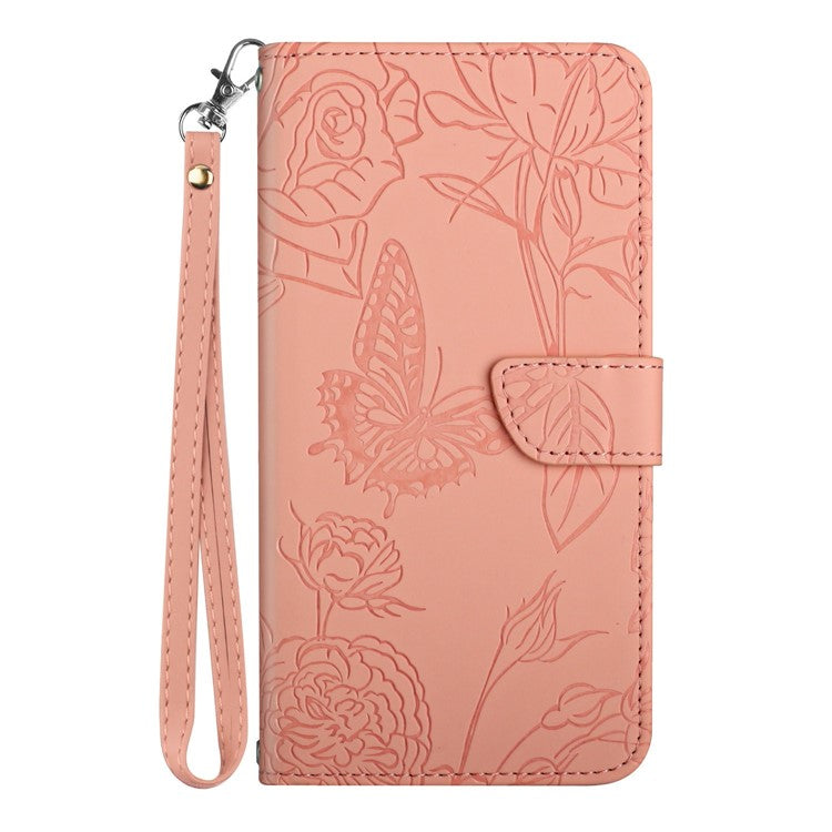 For Motorola Moto G 5G (2025) Case Leather Phone Cover with Strap, Butterfly Flower Imprint - Pink