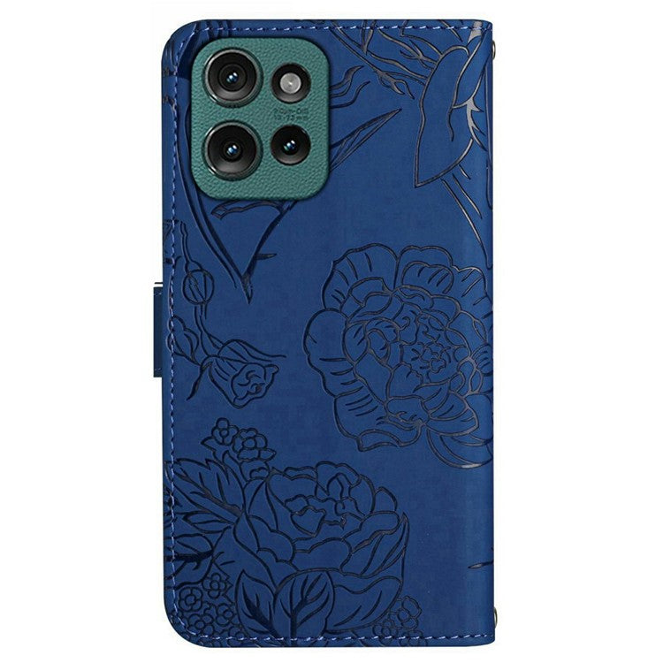 For Motorola Moto G 5G (2025) Case Leather Phone Cover with Strap, Butterfly Flower Imprint - Blue