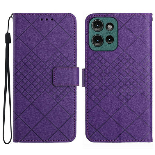 For Motorola Moto G 5G (2025) Wallet Phone Case Imprint PU Leather Flip Folio Cover - Dark Purple