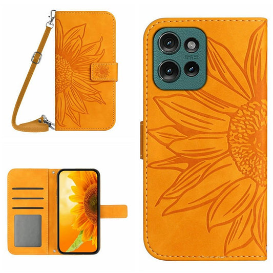 For Motorola Moto G Play (2025) 4G / G Power (2025) Case Sunflower Imprint PU Leather Phone Cover with Long Strap - Yellow