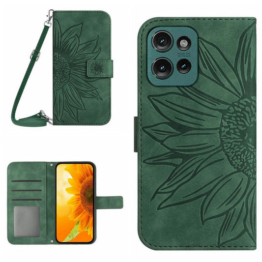For Motorola Moto G Play (2025) 4G / G Power (2025) Case Sunflower Imprint PU Leather Phone Cover with Long Strap - Blackish Green