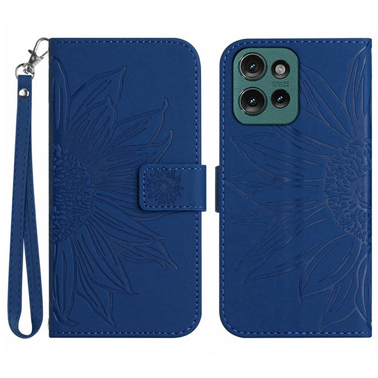 For Motorola Moto G Play (2025) 4G / G Power (2025) Case Sunflower Imprint Leather Wallet Phone Cover with Wrist Strap - Sapphire