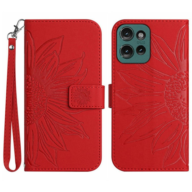 For Motorola Moto G Play (2025) 4G / G Power (2025) Case Sunflower Imprint Leather Wallet Phone Cover with Wrist Strap - Red
