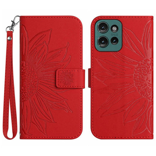 For Motorola Moto G Play (2025) 4G / G Power (2025) Case Sunflower Imprint Leather Wallet Phone Cover with Wrist Strap - Red