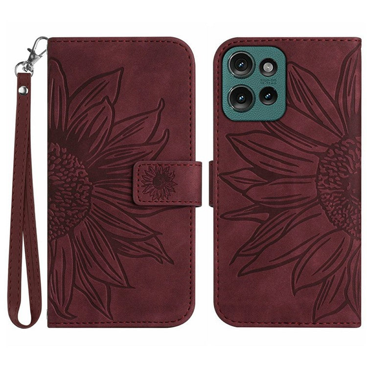 For Motorola Moto G Play (2025) 4G / G Power (2025) Case Sunflower Imprint Leather Wallet Phone Cover with Wrist Strap - Wine Red