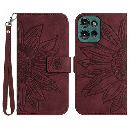 For Motorola Moto G Play (2025) 4G / G Power (2025) Case Sunflower Imprint Leather Wallet Phone Cover with Wrist Strap - Wine Red