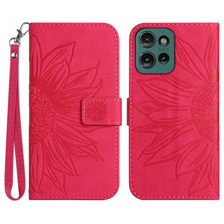 For Motorola Moto G Play (2025) 4G / G Power (2025) Case Sunflower Imprint Leather Wallet Phone Cover with Wrist Strap - Rose