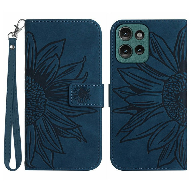 For Motorola Moto G Play (2025) 4G / G Power (2025) Case Sunflower Imprint Leather Wallet Phone Cover with Wrist Strap - Dark Blue