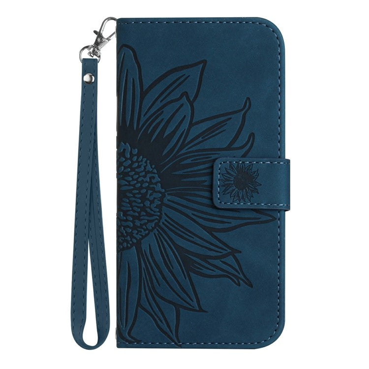 For Motorola Moto G Play (2025) 4G / G Power (2025) Case Sunflower Imprint Leather Wallet Phone Cover with Wrist Strap - Dark Blue