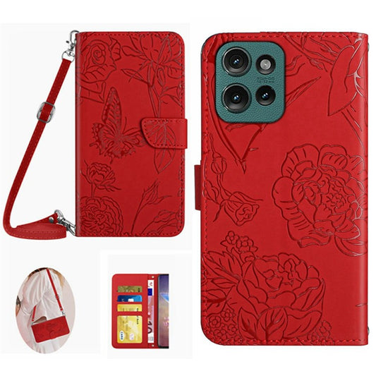 For Motorola Moto G Play (2025) 4G / G Power (2025) Case Butterfly Flower Imprint Leather Phone Cover with Shoulder Strap - Red