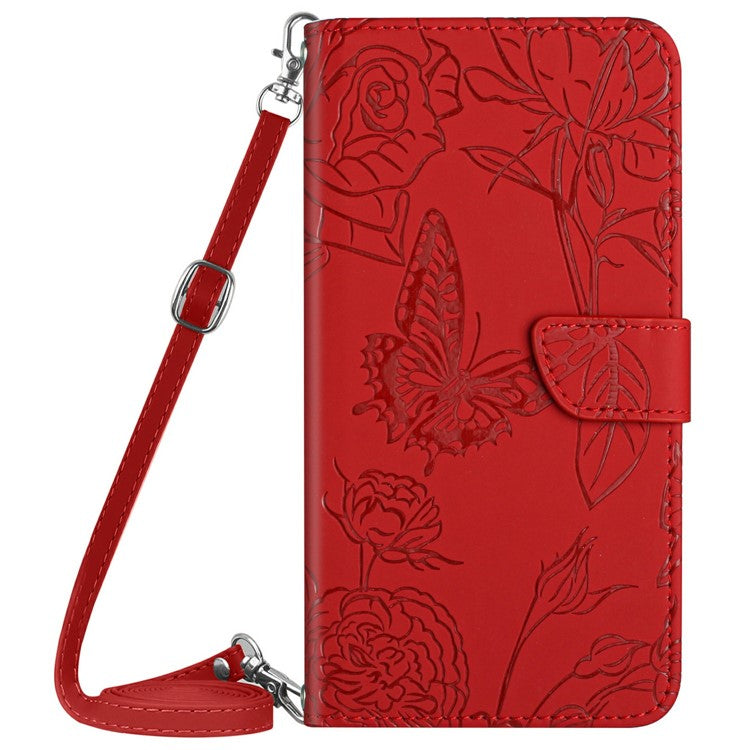 For Motorola Moto G Play (2025) 4G / G Power (2025) Case Butterfly Flower Imprint Leather Phone Cover with Shoulder Strap - Red