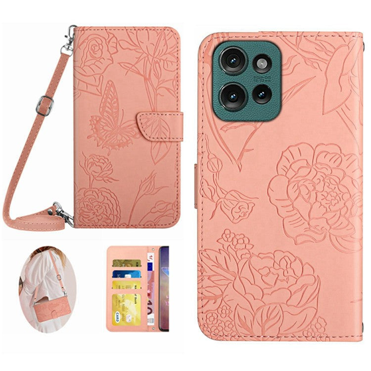 For Motorola Moto G Play (2025) 4G / G Power (2025) Case Butterfly Flower Imprint Leather Phone Cover with Shoulder Strap - Pink