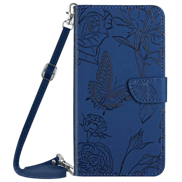 For Motorola Moto G Play (2025) 4G / G Power (2025) Case Butterfly Flower Imprint Leather Phone Cover with Shoulder Strap - Blue