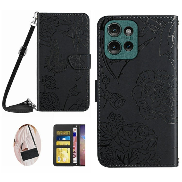 For Motorola Moto G Play (2025) 4G / G Power (2025) Case Butterfly Flower Imprint Leather Phone Cover with Shoulder Strap - Black