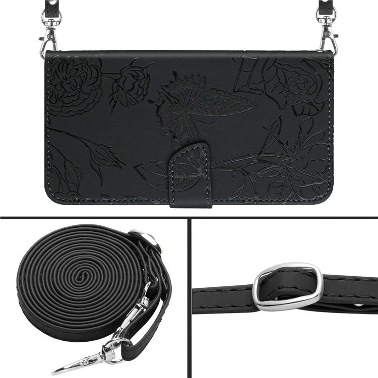 For Motorola Moto G Play (2025) 4G / G Power (2025) Case Butterfly Flower Imprint Leather Phone Cover with Shoulder Strap - Black