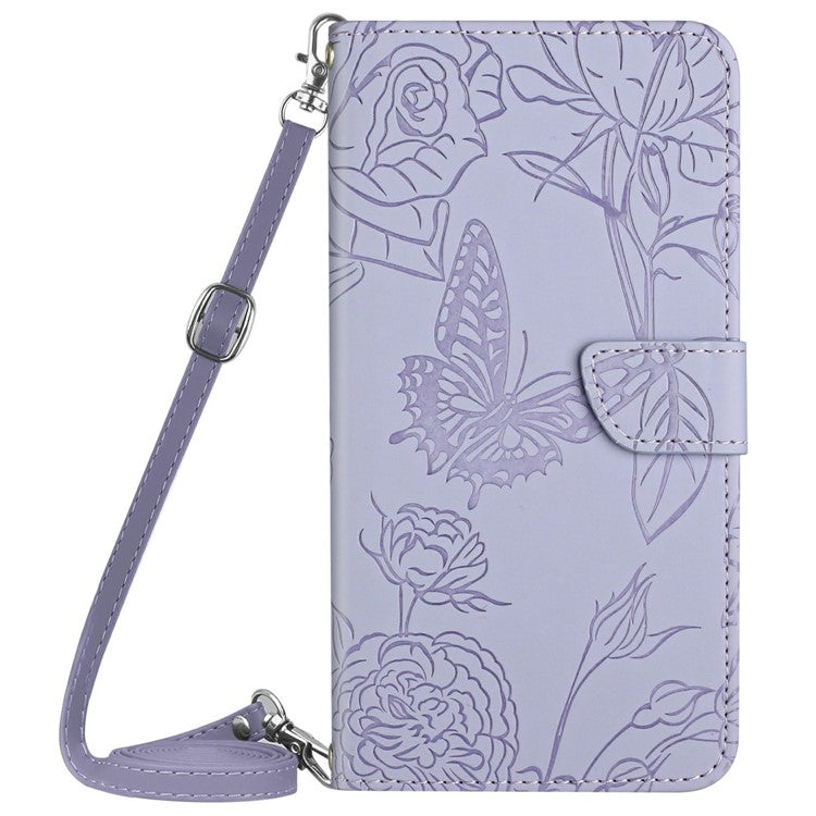 For Motorola Moto G Play (2025) 4G / G Power (2025) Case Butterfly Flower Imprint Leather Phone Cover with Shoulder Strap - Purple