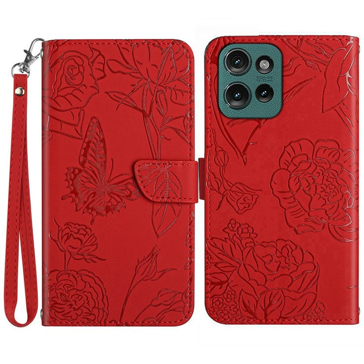 For Motorola Moto G Play (2025) 4G / G Power (2025) Case Leather Phone Cover with Strap, Butterfly Flower Imprint - Red