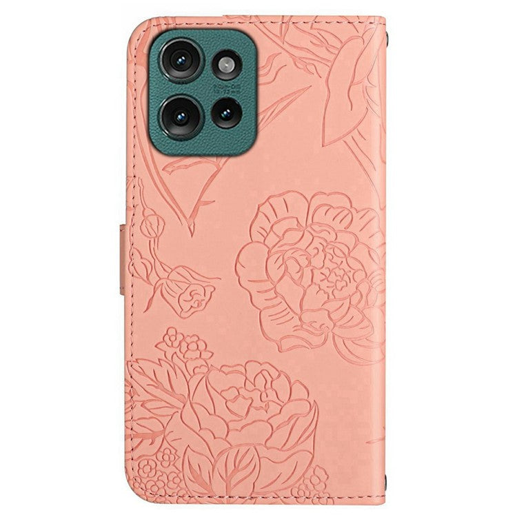 For Motorola Moto G Play (2025) 4G / G Power (2025) Case Leather Phone Cover with Strap, Butterfly Flower Imprint - Pink