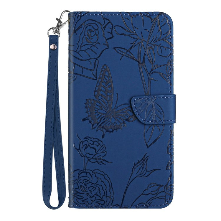 For Motorola Moto G Play (2025) 4G / G Power (2025) Case Leather Phone Cover with Strap, Butterfly Flower Imprint - Blue