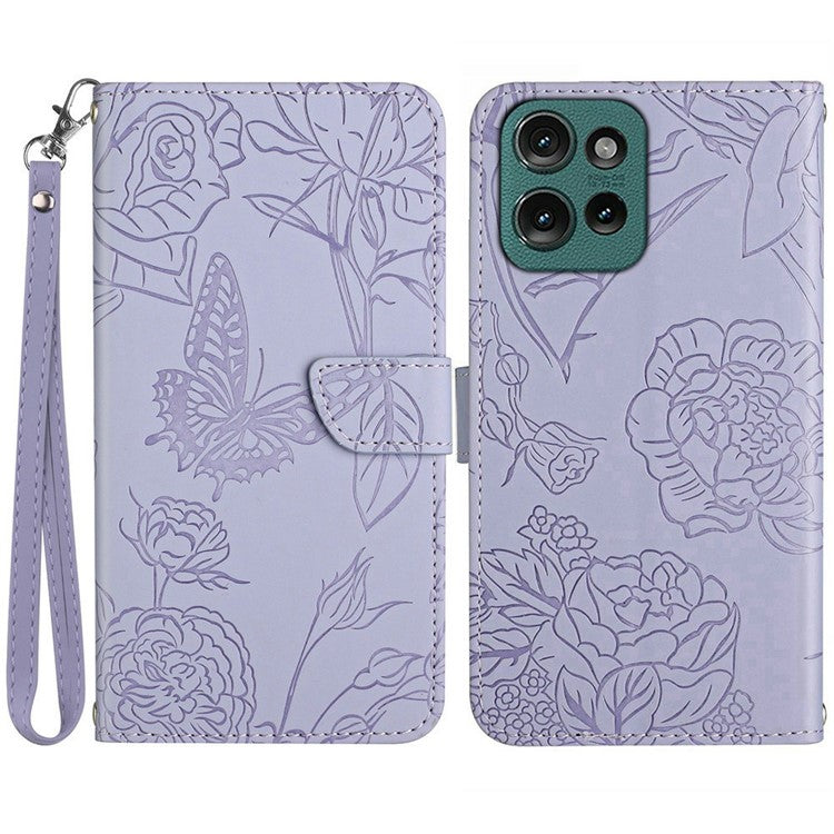 For Motorola Moto G Play (2025) 4G / G Power (2025) Case Leather Phone Cover with Strap, Butterfly Flower Imprint - Purple