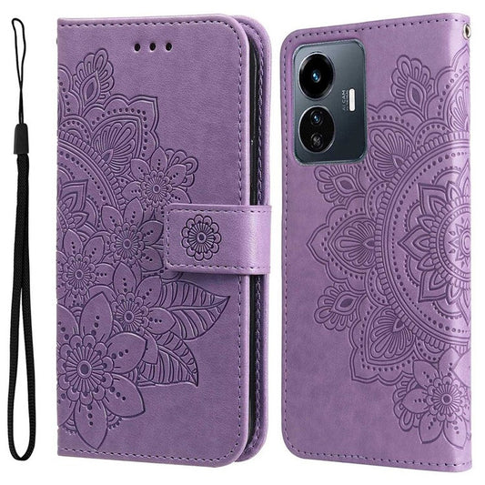 For vivo Y77 5G / Y77e 5G / Y77e (t1) 5G / iQOO Z6 Lite 5G Flower Imprinting Phone Case PU Leather Flip Stand Wallet Cover with Strap - Purple