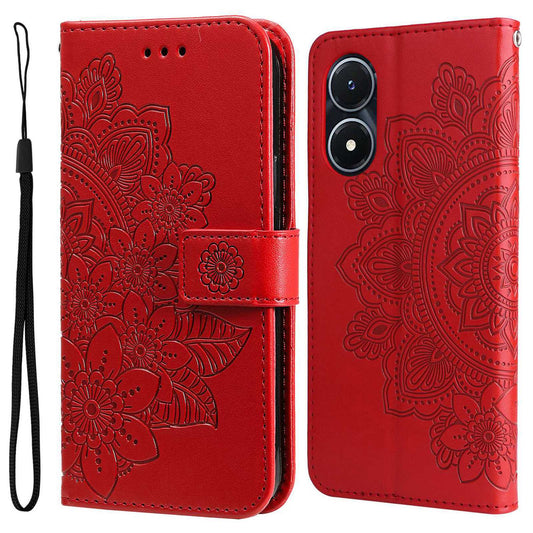 For vivo Y02s 4G / Y16 4G Flower Imprinting Scratch Proof PU Leather Phone Protective Case Flip Stand Wallet Cover with Strap - Red