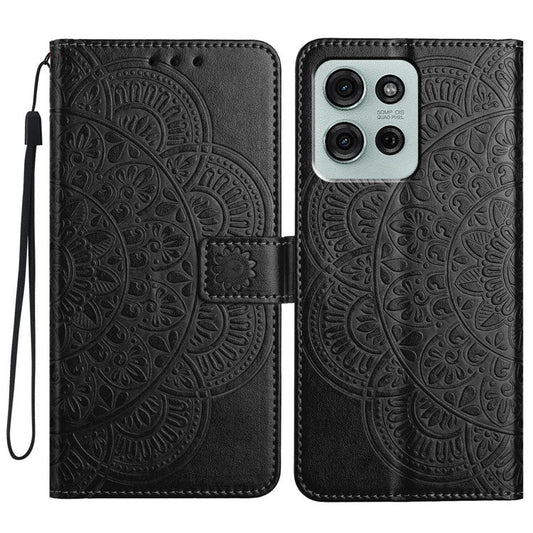 For Motorola Moto G75 5G Leather Case with Card Slots Mandala Pattern Phone Cover Stand - Black