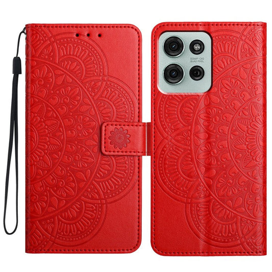 For Motorola Moto G75 5G Leather Case with Card Slots Mandala Pattern Phone Cover Stand - Red