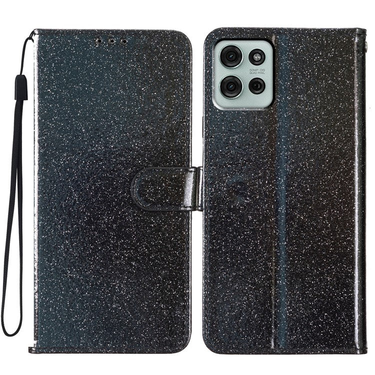 For Motorola Moto G75 5G Wallet Case Glitter Anti-Scratch Leather Phone Cover Stand - Black