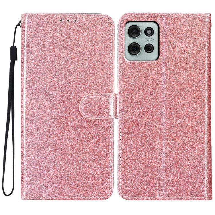 For Motorola Moto G75 5G Wallet Case Glitter Anti-Scratch Leather Phone Cover Stand - Rose Gold