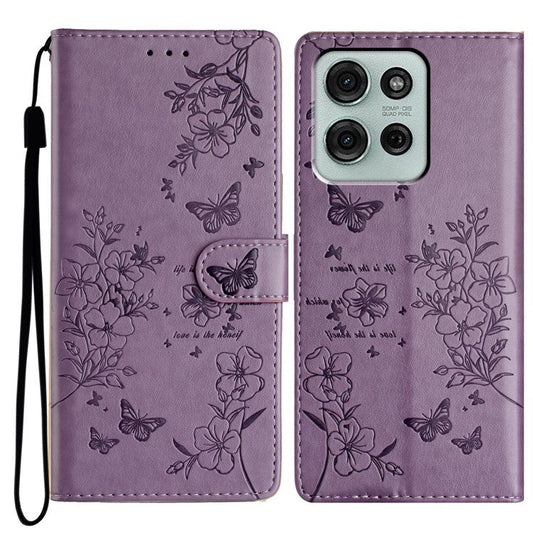 For Motorola Moto G75 5G Wallet Phone Case Butterfly Floral Imprint Leather Flip Cover - Purple