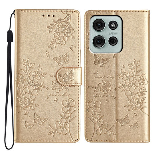 For Motorola Moto G75 5G Wallet Phone Case Butterfly Floral Imprint Leather Flip Cover - Gold