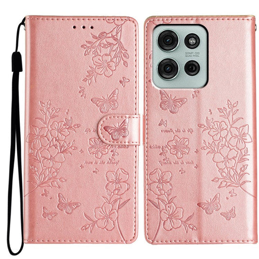 For Motorola Moto G75 5G Wallet Phone Case Butterfly Floral Imprint Leather Flip Cover - Rose Gold
