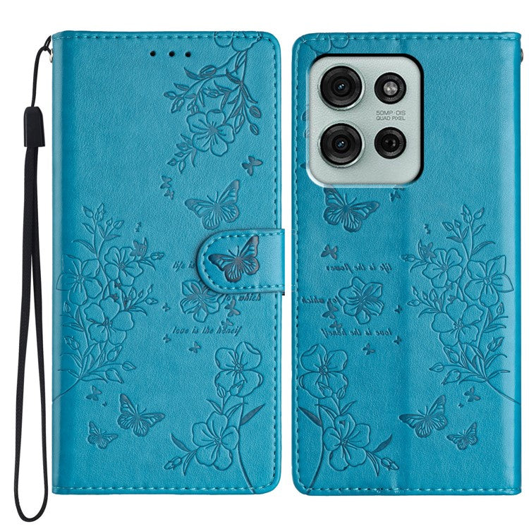 For Motorola Moto G75 5G Wallet Phone Case Butterfly Floral Imprint Leather Flip Cover - Blue
