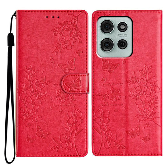 For Motorola Moto G75 5G Wallet Phone Case Butterfly Floral Imprint Leather Flip Cover - Red