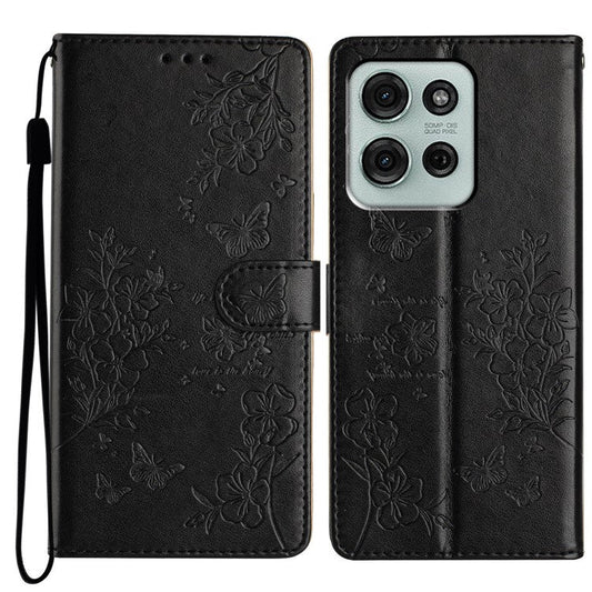 For Motorola Moto G75 5G Wallet Phone Case Butterfly Floral Imprint Leather Flip Cover - Black