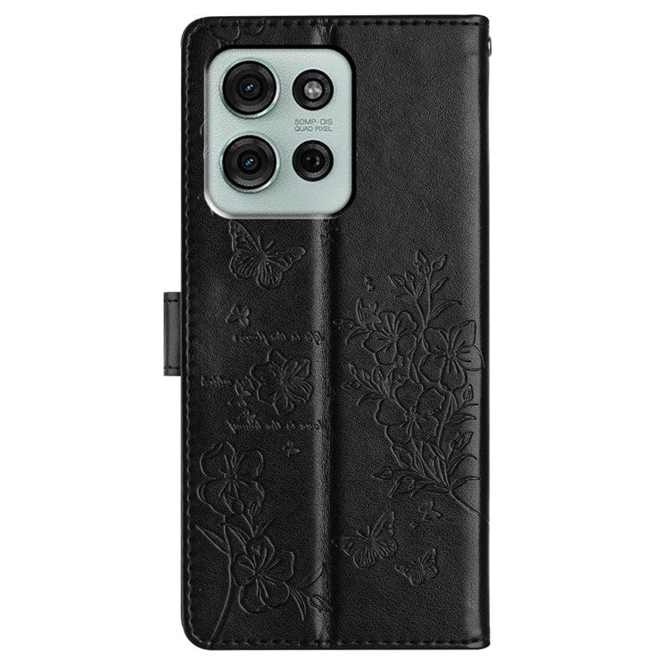 For Motorola Moto G75 5G Wallet Phone Case Butterfly Floral Imprint Leather Flip Cover - Black