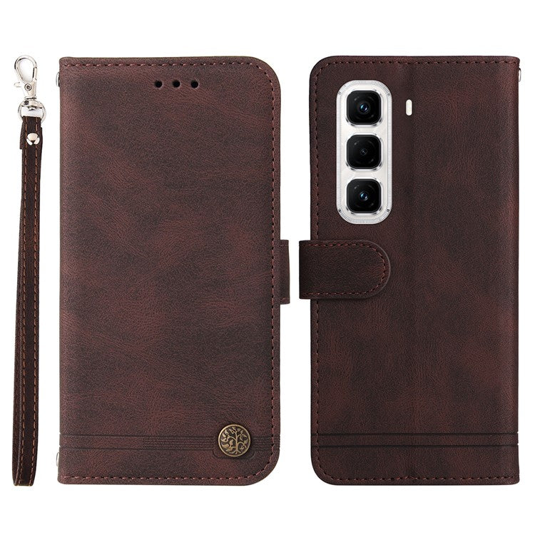 For Infinix Hot 50 Pro+ 4G Wallet Case Skin Touch Leather Phone Cover Tree Pattern Hardware - Brown