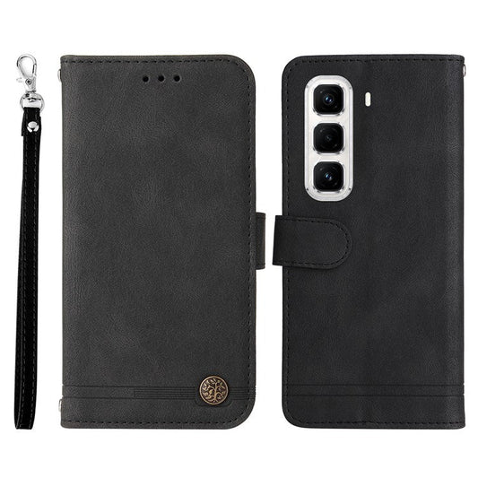 For Infinix Hot 50 Pro+ 4G Wallet Case Skin Touch Leather Phone Cover Tree Pattern Hardware - Black