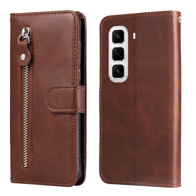 For Infinix Hot 50 Pro+ 4G Case Zipper Wallet Calf Texture PU Leather Phone Cover - Brown