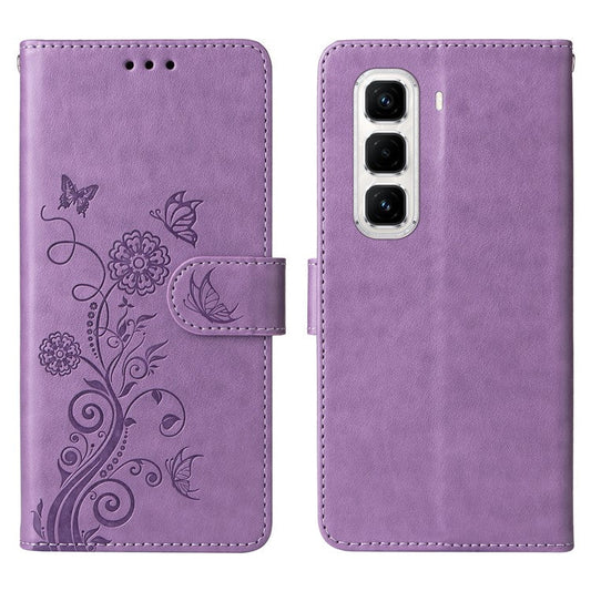 For Infinix Hot 50 Pro+ 4G Leather Case Butterfly Floral Imprint Wallet Stand Cover - Purple