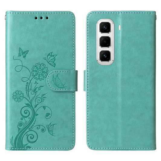 For Infinix Hot 50 Pro+ 4G Leather Case Butterfly Floral Imprint Wallet Stand Cover - Green
