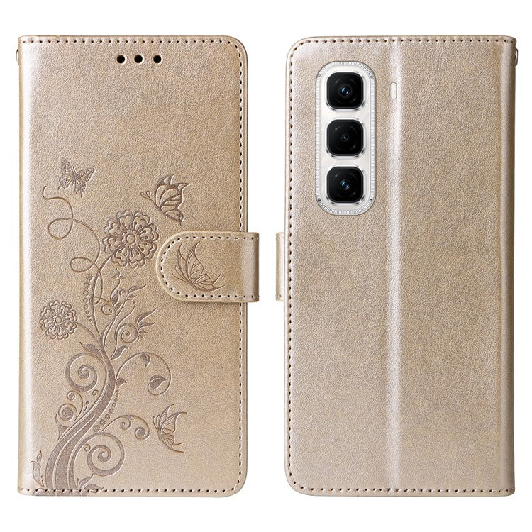 For Infinix Hot 50 Pro+ 4G Leather Case Butterfly Floral Imprint Wallet Stand Cover - Gold