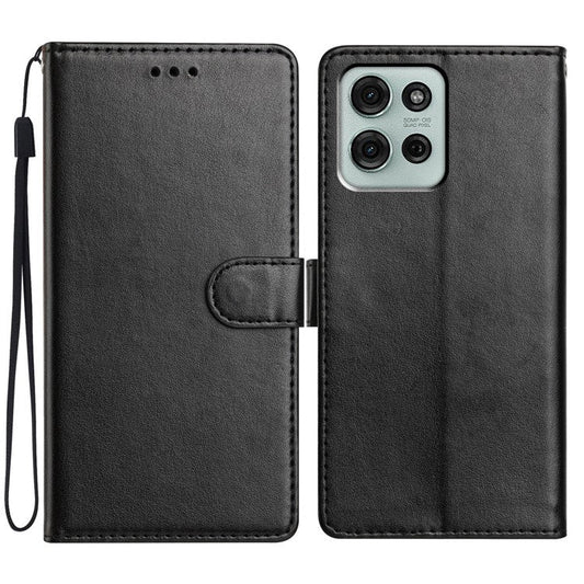 For Motorola Moto G75 5G Leather Case Wallet Stand Phone Cover with Handy Strap - Black