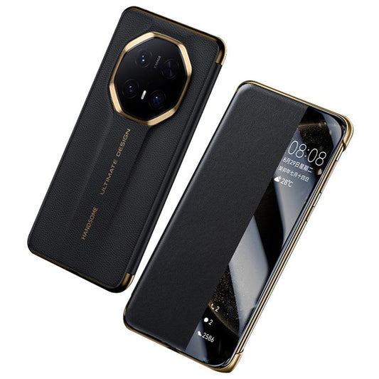 For Huawei Mate 70 RS Ultimate Case Genuine Cow Leather View Window Smart Phone Cover - Black