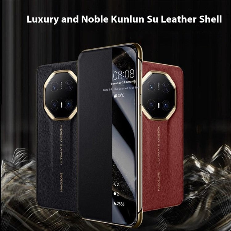 For Huawei Mate 70 RS Ultimate Case Genuine Cow Leather View Window Smart Phone Cover - Black