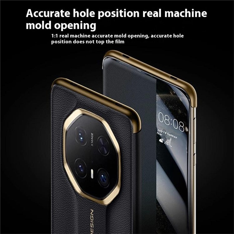 For Huawei Mate 70 RS Ultimate Case Genuine Cow Leather View Window Smart Phone Cover - Black
