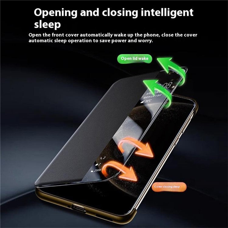 For Huawei Mate 70 RS Ultimate Case Genuine Cow Leather View Window Smart Phone Cover - Black