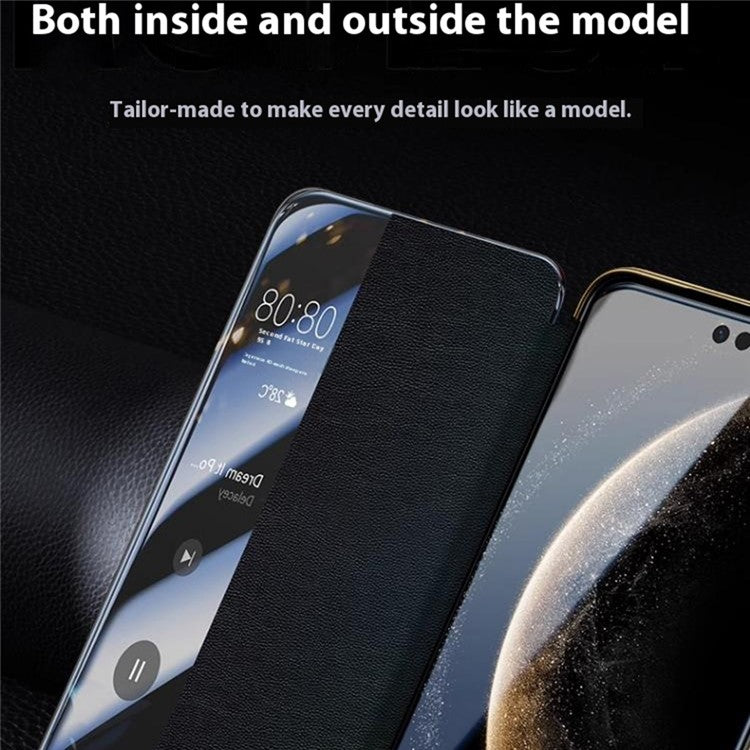 For Huawei Mate 70 RS Ultimate Case Genuine Cow Leather View Window Smart Phone Cover - Black