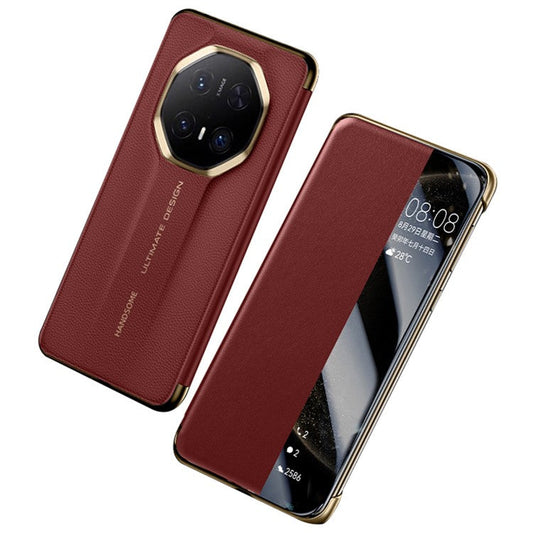 For Huawei Mate 70 RS Ultimate Case Genuine Cow Leather View Window Smart Phone Cover - Red